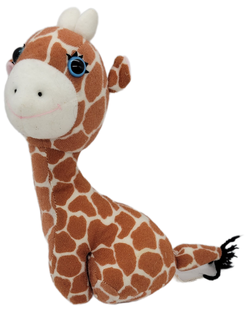 Creative Marketing Group 1989 plush giraffe that is 9-inches tall. The plush has a triangular shape body with a large head. The giraffe has pink smile with blue eyes.