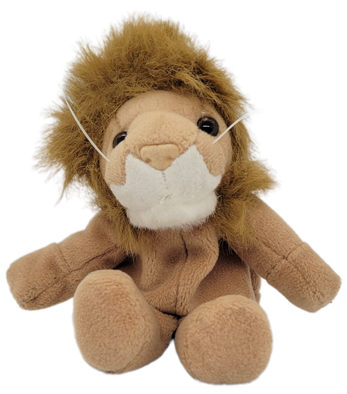 Kuddleme Toys a division of Kellytoy 8-inch long bean bag plush of a lion. The lion sits with legs in front and arms to his side. The lion was made in China.
