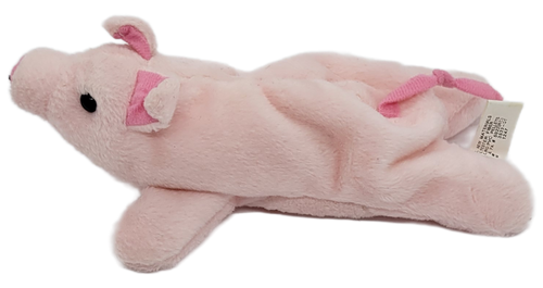 GOFFA International 7-inch long pink pig bean bag plush. The pig lays flat with pink tail with black eyes.