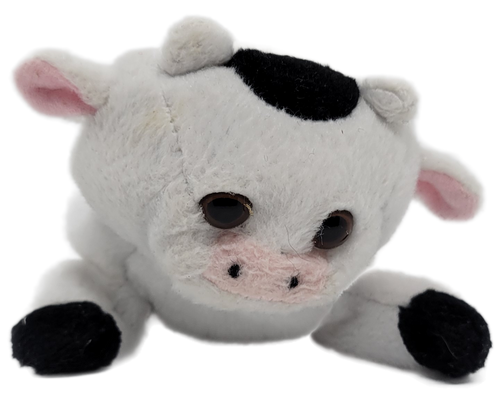 GOFFA International 7-inch Holstein Cow bean bag plush. The cow lays flat with black hoofs with black spot on head and back.