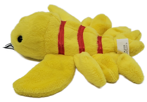 GOFFA International 6-inch long yellow Lobster bean bag plush. The lobster lays flat with red stripes on tail with black eyes.