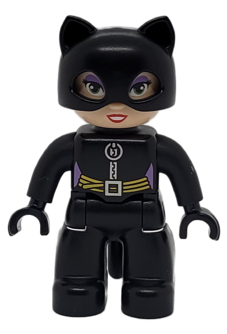 LEGO Duplo figure of Catwoman from the DC Comics Superheroes Batcave Adventure #10545 set. Catwoman is in her black suit with yellow belt and purple accents. The figure is 2.75-inches tall by 2-inches wide by 1.75-inches deep.