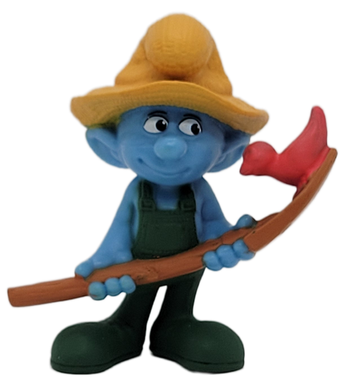 McDonald's Happy Meal Toy of Farmer Smurf from the 2011 The Smurfs Movie series of toys. Farmer Smurf doesn't just have a "green thumb"... he has a "blue thumb"! Farmer wears a straw hat, green overalls and carries a shovel. Look at the little red bird that's come to visit him! This McDonald's Happy Meal Smurf toy figure was part of a special promotion for The Smurfs Movie in 2011. The Farmer Smurf figurine is marked, "(c) Peyo 2011 - Made for McD's". He also has "Farmer" stamped on the bottom of his foot. Farmer Smurf is number 7 of the North America set of 16 and was available July 29th - August 25th, 2011.