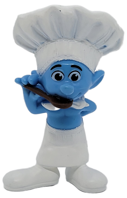 McDonald's Happy Meal Toy of Chef Smurf from the 2011 The Smurfs Movie series of toys. Chef Smurf is a great cook! The Chef figure tastes a sample of his culinary talents. He holds a wooden spoon to his lips. Chef wears a white chef hat, apron and kerchief. This McDonald's Happy Meal Smurf toy figure was part of a special promotion for The Smurfs Movie in 2011. The Chef Smurf figurine is marked, "(c) Peyo 2011 - Made for McD's". He also has "Chef" stamped on him. Vanity Smurf is number 15 of the North America set of 16 and was available July 29th - August 25th, 2011.