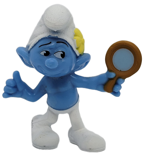 McDonald's Happy Meal Toy of Vanity Smurf from the 2013 The Smurfs 2 Movie series of toys. Vanity Smurf loves himself... and looking in his mirror! The Vanity Smurf figure glazes at his reflection in the mirror and give a thumbs up. Vanity has a yellow flower on his Smurf hat. This toy is from the McDonald's Happy Meal Smurfs 2 movie promotion in North America (USA & Canada). There are 16 Smurf Toys in this set and was available August 2 - August 29, 2013.