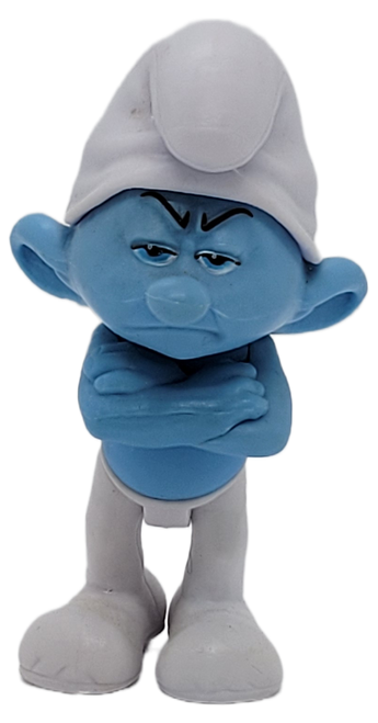 Jakks Pacific 2011 The Smurfs Movie figure of Grouchy Smurf for ages 4 & Up. This is the second Grouchy Smurf figure in this set. He has his arms crossed. Grouchy is not the happiest Smurf in the Village... but we still love him! Part of the Smurf Grab 'Ems Series. Each figure is articulated and measures 2¾". (Smurf Movie Action Figures)