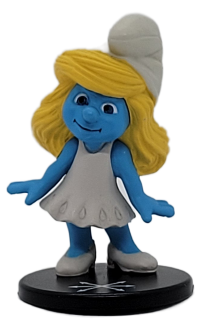 NECA 2011 The Smurfs Tag-Athon collectible game figurine of Smurfette for ages 8 & Up. The game offered 8 different collectible figures that stand 2-inches tall. Smurfette is holding both of her hands straight down to her side.