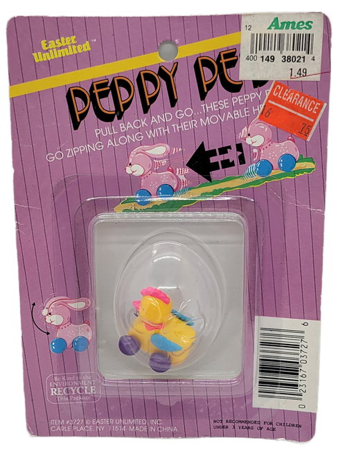 Small chick pull back toy by Easter Unlimited. The chick is yellow with blue wings and purple wheels. The chick is 1.5-inches long and stands 1.5-inches tall and for ages 3 & Up.