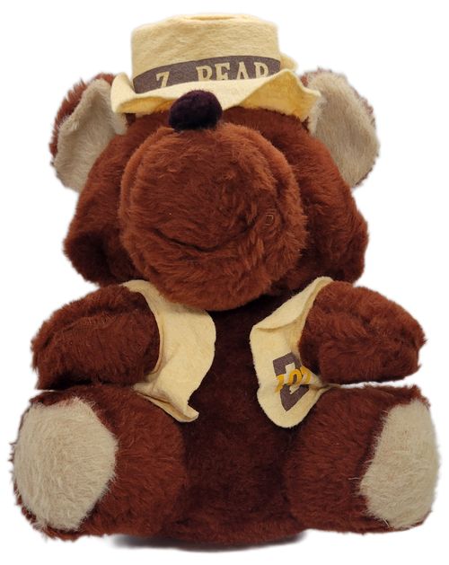 Vintage 1982 Promotional 12-inch Teddy Bear Mascot Z-Bear from Z-107. The bear is brown and wearing a tan vest with Z-107 on it and tan hat with Z-Bear on it. Z-107 was a country music station located in Central Pennsylvania during that time.