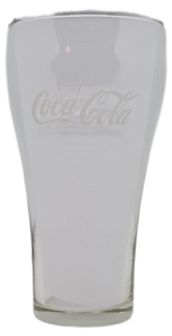 Coca-Cola 16 0z clear glass flat tumbler with "Enjoy Coca-Cola" on one side and "Enjoy Coke" on the opposite side. The glass stands 6-inches tall and is 3-inches wide at the top and 2-inches wide at the base.