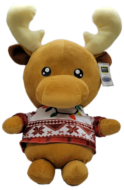 Ideal Toys Direct 16-inch plush holiday reindeer. The reindeer is wearing a festive white shirt with Christmas lights and red snowflakes. The plush was made in China and filled with Polyester Fibers.