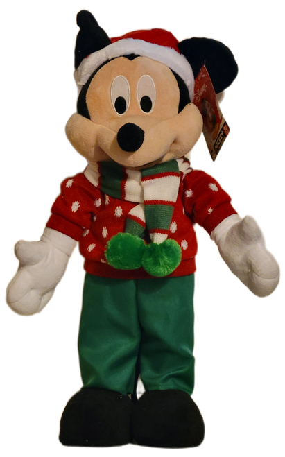 Gemmy 2018 Disney's Mickey Mouse Holiday Greeter that stands 22-inches tall. Mickey is wearing green pants, red sweated white snowflakes, green scarf with white & red stripes and a Santa hat. The plush greeter is in a standing pose and ready to be added to your Christmas decor.