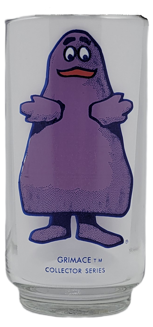 Vintage 1975 character glass of Grimace from McDonaldland Collector Series. Grimace is on opposite sides of the glass with arms extending outwards. These glasses were available at McDonalds fast food restaurants.