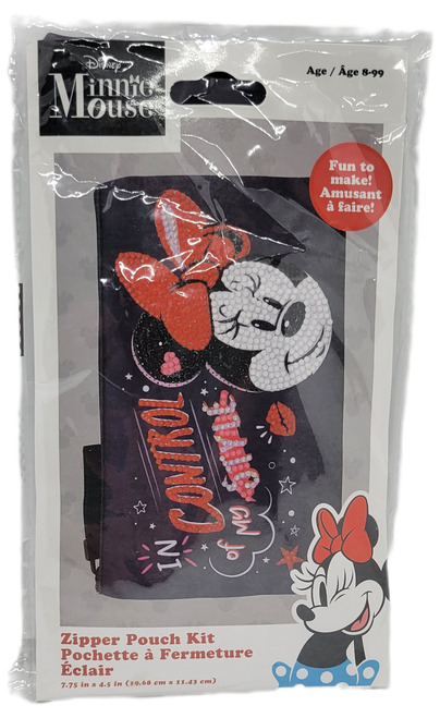 Disney Minnie Mouse zipper pouch kit by Dotzies. The pouch is black with Minnie Mouse's face and "In Control of my Style" beside Minnie's face. Use the Diamond Dots stylus to pick up a dot and piece it into the matching square.