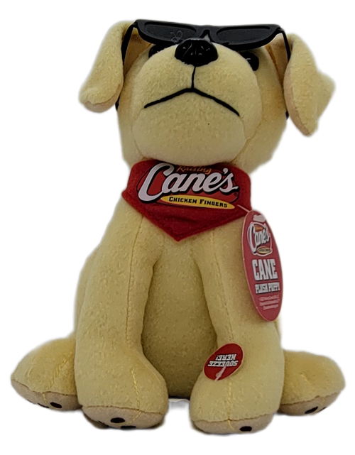 Raising Cane's chicken fingers promotional Cane plush puppy that stands 7-inches tall. The tan dog is wearing a red bandanna with Raising Cane's logo around neck and is wearing a pair of sunglasses. The puppy barks when you press front left paw.