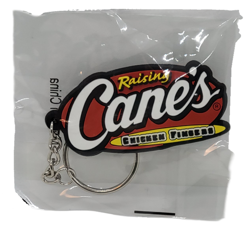 Raising Cane's chicken fingers promotional rubber keychain that is flexible. The keychain is 2.25-inches long and features The Raising Cane's Chicken Fingers logo.
