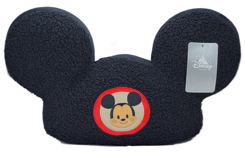 Disney Parks Jerrod Maruyama designed Kingdom of Cute Mickey Mouse Ears hat plush pillow. The pillow resembles the famous Mickey Mouse ears hat with a young Mickey Mouse on the front. The pillow is 16-inches across and 9-inches high and 4-inches thick.