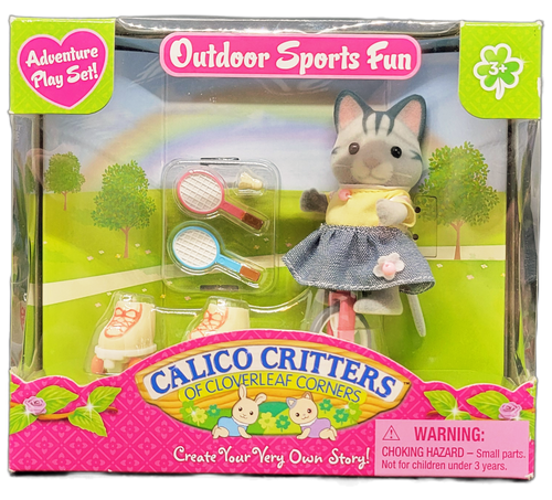 EPOCH 2013 Sylvanian Calico Critters of Cloverleaf Corners Outdoor Sports Fun adventure play set. The play set contains Lauren Fisher cat in spring outfit with roller skates, unicycle, 2 badminton rackets and birdie. The set is for ages 3 & up.