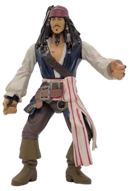 Disney's Pirates of the Caribbean action figure of Captain Jack Sparrow with sword swinging action. Squeeze the legs together and watch Captain Jack Sparrow swing his right arm. The 6.5-inch tall action figure was produced in 2006 by Zizzle and for ages 4 & up.