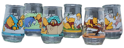 Welch's 1997 Disney's Winnie the Pooh's Grand Adventure complete set of 6 jelly jars. The set includes Winnie and Owl, Winnie and Tigger, Winnie and Piglet, Winnie and Christopher Robin, Winnie and Eeyore & Winnie and Rabbit. The empty jelly jars were designed to be used a glass drinking cups.