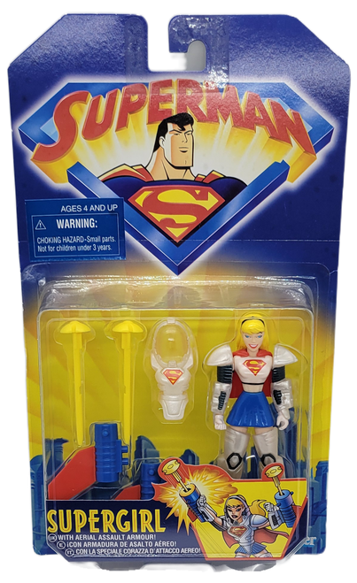 Kenner 1998 Supergirl with aerial assault armour 4-inch action figure from the DC Comics Superman series of toys for ages 4 & up. Kara Zor-El is the superheroine known as the original Supergirl, appearing in American comic books published by DC Comics. She was created by Otto Binder and designed by Al Plastino. The character first appeared in the story "The Supergirl from Krypton" in Action Comics #252.