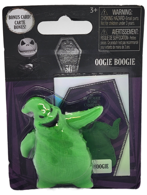 The Nightmare Before Christmas 30th anniversary Oogie Boogie 2.5-inch tall mini-figure by Just Play. The figure does not offer movable arms or legs. The figure also includes a bonus card to collect and is for ages 3 & up.