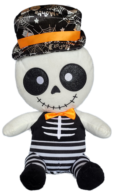 Toy Factory 18-inch Halloween Skeleton plush wearing a top hat and orange bowtie recommended for ages 3 & up . The skeleton is in a seated position and measures 18-inches tall to top of hat. The skeleton plush is 12-inches wide and 9-inches deep. Use as decor or let someone enjoy holding the soft plush.