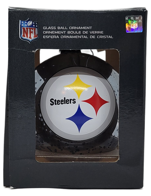 Pittsburgh Steelers mercury glass ball Christmas ornament by Evergreen Enterprise. The ornament is greyish-black with Steelers and their logo on opposite sides ornament. This officially licensed NFL Christmas ornament is a 3-inch ornament.