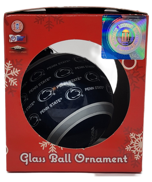 Penn State Nittany Lions glass ball Christmas ornament by Forever Collectibles. The ornament is blue with Penn State and their Nittany Lion logo around the entire ornament. The top and bottom of the ornament has a silver ring with white outline. This officially licensed NCAA Christmas ornament is a 2.25-inches ornament.