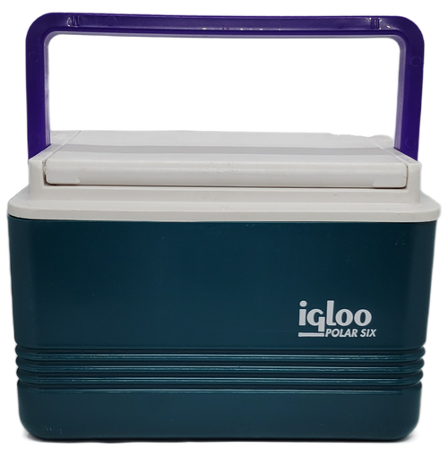 Vintage 1990's Igloo Polar Six cooler that will hold a six-pack of beverages or food. The body of the cooler is teal with white lid and purple handle. The lid flips open to reveal a 9-inch wide by 6.5-inch deep by 6-inch high area. The overall cooler size is 10.25-inches wide by 7-inches deep by 7.25-inches High.