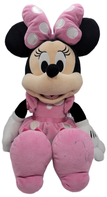 Disney Store Minnie Mouse soft plush wearing a dink dress, shoes and hair bow with white polka dots. Minnie is 14-inches tall in seated position as designed, and 18-inches long lying down. She is soft and was Made in Vietnam.