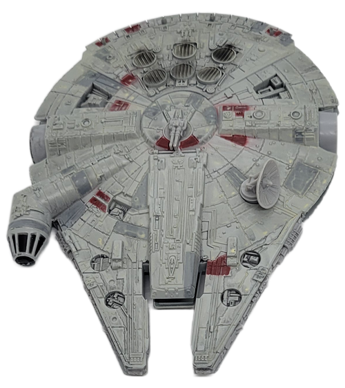 Disney Store exclusive Millennium Falcon die cast vehicle. The Millennium Falcon is 7-inches long by 6-inches wide and 1.25-inches tall. The Millennium Falcon has played a role in some of the greatest victories of the Rebel Alliance and the New Republic. The Falcon looks like a worn-out junker, but beneath her hull she’s full of surprises.