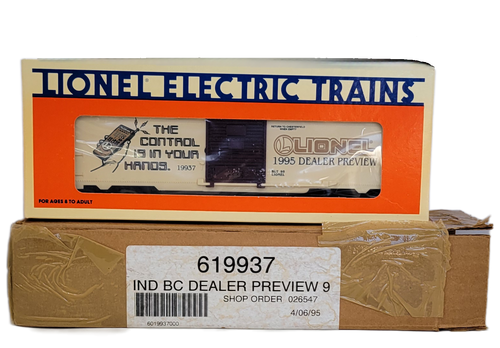 Lionel Electric Trains 6-19937 1995 Toy Fair Dealer Preview Boxcar "The Control is in Your Hands." The boxcar has tan sides and It features graphics themed around "The Control is in Your Hands," referring to early Lionel command control systems.