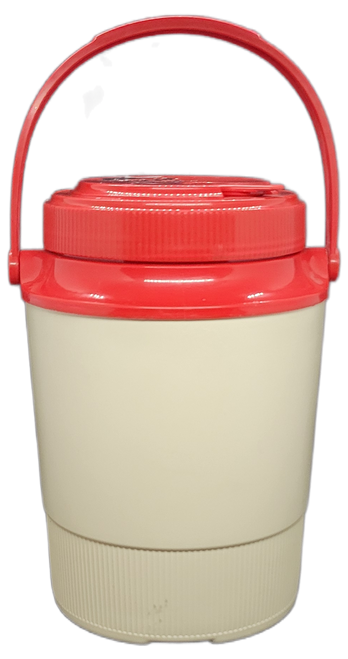 Vintage Pizza Hut 1/2 gallon water jug by Gott Corporation. The jug is tan with red top and handle. The top has Pizza Hut logo and Gott on the red handle. The water jug is model 1502 and Made in United States.