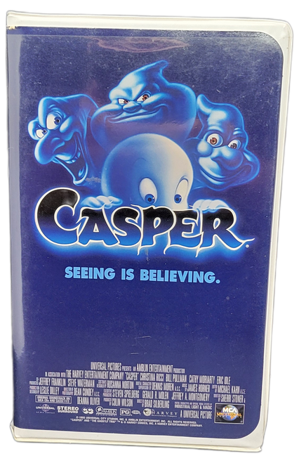 "Seeing is believing" is the famous official tagline for the live-action movie Casper (1995). Directed by Brad Silberling and produced by Steven Spielberg's Amblin Entertainment, this fantasy-comedy was a landmark release noted for being the first feature film to feature a fully computer-generated character in the leading role. Paranormal expert Dr. James Harvey and his daughter Kat move into the drafty Whipstaff Manor. They are tasked with clearing out the aggressive Ghostly Trio (Stretch, Stinkie, and Fatso). Instead, Kat deepens a heartwarming bond with Casper, a lonely and friendly spirit residing there. Stars Christina Ricci as Kat Harvey, Bill Pullman as Dr. James Harvey, Cathy Moriarty as Carrigan Crittenden, and Eric Idle as Dibs. Malachi Pearson provides the voice for Casper.