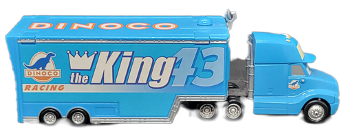 Disney Cars Race-O-Rama #3 King Gray the hauler for Dinoco #43 The King Racing, die cast tractor trailer. The blue truck is branded with Dinoco logos, the number 43, and "the King" text.