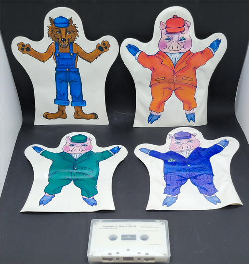 Scott Foresman and Company 1987 The Three Little Pigs, hand puppets and cassette tape that is part of the Sunshine Days Kindergarten Learning System. The tape is 8 minutes and 12 seconds long and comes with 4 vinyl hand puppets.