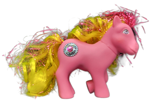Vintage Hasbro 1987 G1 My Little Pony Princess Ponies Princess Sunbeam. Princess Sparkle is a pink pony with yellow and purple glitter hair and Amethyst in a silver circle on body. Princess Sunbeam was Made in China.