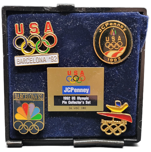 1992 Barcelona Summer Olympics Games US Olympic pin collector's set by JCPenney. The set includes 5 different pins, including the NBC logo pin.
