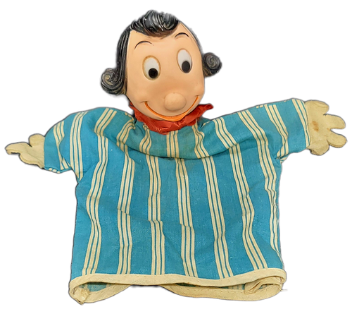 King Features Syndicate 1957 hand puppet of Olive Oyl with rubber head and cloth body. Olive Oyl is a character created by Elzie Crisler Segar in 1919 for his comic strip Thimble Theatre, eventually renamed after Popeye. Olive Oyl is wearing a blue and white vertical striped top with red collar. The rubber head is stamped with 1/31/57 on base.