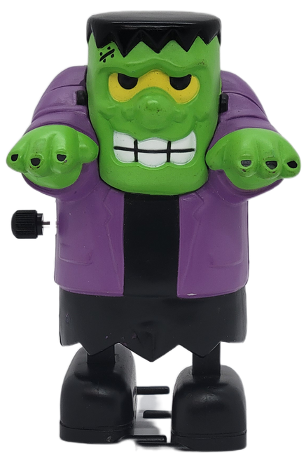 Vintage Halloween wind-up toy figure of Frankenstein's Monster, also known as Frankenstein. The wind-up toy stands 3.5-inches tall and features him wearing purple jacket with black shirt, pants and boots.