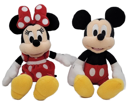 Disney Mickey Mouse and Minnie Mouse 9-inch long plush. They are both wearing their red outfits. Mickey Mouse and Minnie Mouse are soft and ready to be played with.