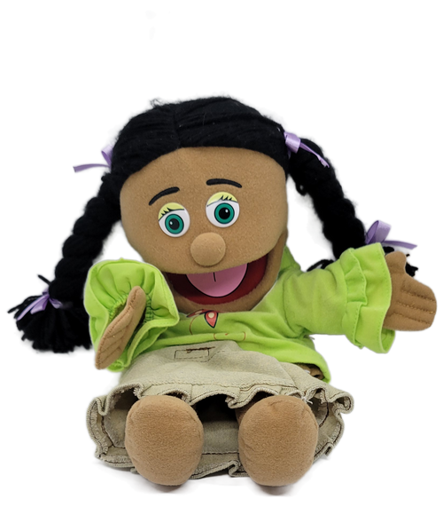 This beautiful hand puppet measures about 14 inches tall (from head to toe). Puppets like this are not only fun- they're educational as well. Let your child's imagination soar with this great, creative, pretend play toy!

Mouths and hands are very easy to move. Simply insert your hand up the bottom of the puppet. Your pinky and thumb can be inserted into the slots on the inside of the body to operate the hands. It can be tricky at first to get everything moving at once, but the main thing is moving the mouth- which is very simple.