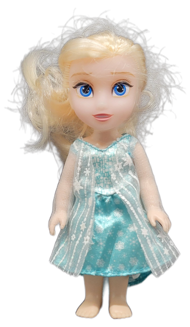 Jakks Pacific Disney Frozen Ice and Snow Elsa Petite doll wearing her signature icy dress for ages 3 & up. The doll stands 6-inches tall with movable arms, legs and head.