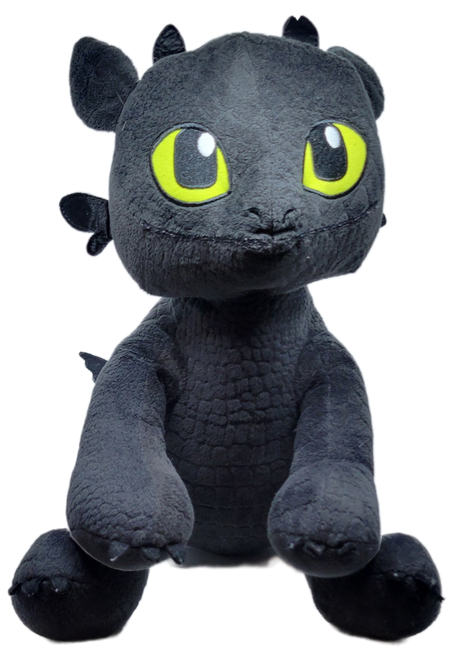 How to Train Your Dragon Toothless 12-inch plush. Toothless is black with red on his tail that is 9-inches wide and 16-inches deep. Toothless is Hiccup Horrendous Haddock III's Night Fury and the main dragon character of the How to Train Your Dragon franchise.