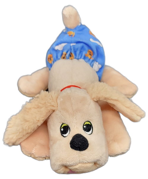Basic Fun 2023 Pound Puppies Newborns "Sleepy" tan puppy wearing a blue diaper with clouds and sleeping puppy face. They’re soft, they’re snuggly, and now they have an adorable smile that will melt your heart! That’s right – everyone’s favorite retro Pound Puppies are back, this time with an earth-friendly and adorable twist. These happy pups come wrapped in cute little diapers that reveal their personalities, and a smile to match!