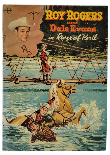 Whitman 1957 First Edition Roy Rogers and Dale Evans in River of Peril hardcover book by Cole Fannin and illustrated by Michael Arens. Despite Roy's attempts to keep Dale away from danger, she joins the action. The story follows the duo as they thwart a gang of outlaws led by a mysterious mastermind. Tailored for a youth audience, the book avoids fatal violence but is packed with gunplay, fistfights, and thrilling action scenes set in the rapids of the Bitter River. The book contains 282 pages.