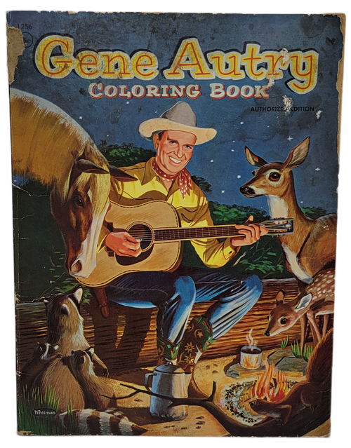 Whitman Publishing 1955 Gene Autry coloring book by Gene Autry and drawings designed by Tony Soros and Gene Wolfe. The coloring book originally contained 59 pages to color with a western theme. Now has only 27 pages that have not been colored on at all.