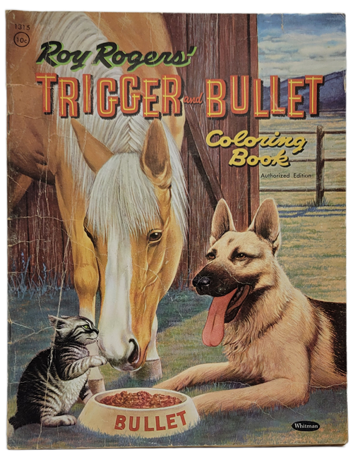 Whitman 1956 Roy Rogers' Trigger and Bullet coloring book with 29 pages. The drawings are by John Ushler and was printed in the United States. The pictures to color presents scenes of Trigger and Bullet from Roy Rogers. The book does have 3 pictures that have been colored but still has 26 pictures to color.