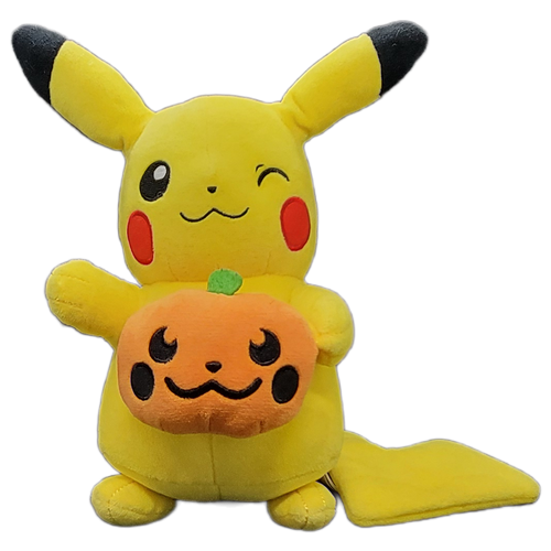 Halloween Pokémon Pikachu 8-inch tall plush by Wicked Cool Toys in 2020 for ages 2+. Halloween Pikachu is holding a jack-o-lantern and has smile on his face. Pikachu is an Electric type Pokémon introduced in Generation 1. Pikachu has a base Special stat of 50 and has a base Defense of 30.